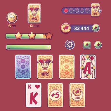 Solitaire seyahat eşleşmesi için vektör ögesi ayarlandı. Oyun kullanıcı arayüzü için öge kiti düğmeleri, destekleyiciler