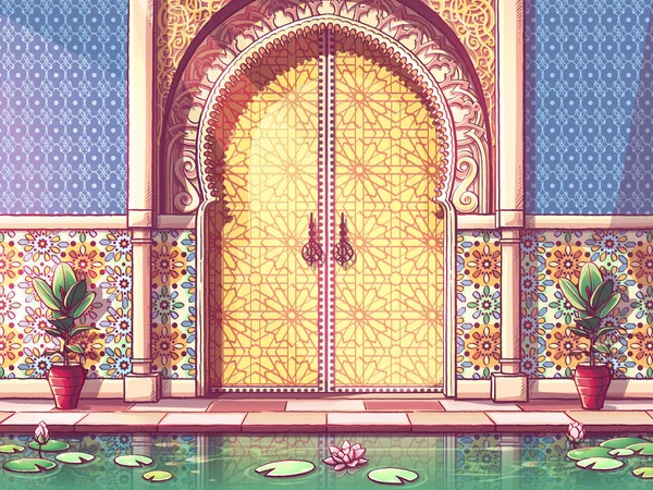 Porte Couleur Jaune Bâtiment Style Marocain Dans Patio Avec Étang — Image vectorielle