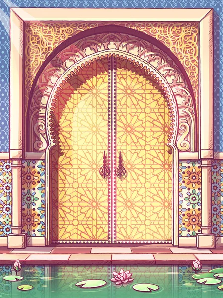 Kolorowe Drzwi Marokańskiego Budynku Patio Stawem Tradycyjny Ornament Stylu Pionowym — Wektor stockowy