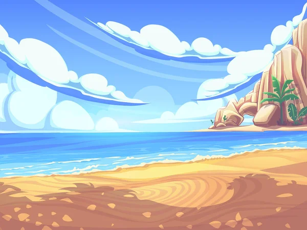 Морське Узбережжя Узбережжям Водою Піском Хмарами Скелями Творчий Дизайн Друкованих — стоковий вектор