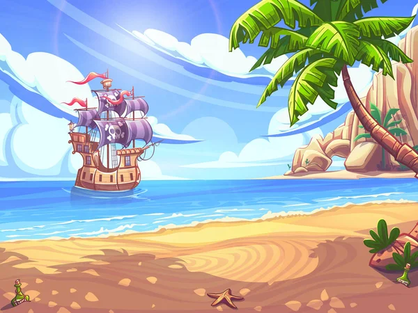 Пиратский Корабль Отплывает Наполненными Парусами Бухту Острова Берегу Находится Пальма — стоковый вектор