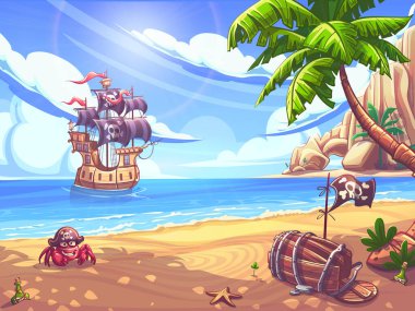 Vektör renk çizimi. Dolu bir korsan gemisi adanın körfezine doğru yelken açıyor. Kıyıda bir palmiye ağacı, kırık bir fıçı, bir yengeç, bir şişe rom, bir denizyıldızı var..