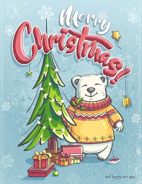 Handgezeichnetes 100 Vektorbild Vertikale Weihnachtskarte Geschenktüte Mit Lustigem Kleinen Bären lizenzfreie Stockillustrationen