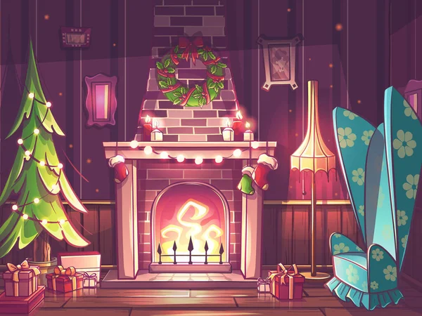 手工绘制100个矢量图像 彩色插图经典壁炉 房子周围有砖头 圣诞树上有花环 扶手椅和落地灯 图库插图
