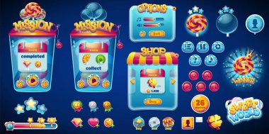 Elle çizilmiş 100 vektör resmi. Dijital çizim. Bilgisayar oyunu Sweet World 'ün web tasarımı ve kullanıcı arayüzü için düğmeleri, ilerleme çubuklarını, çubuklarını, nesneleri, hızlandırıcıları ve diğer unsurları ayarla