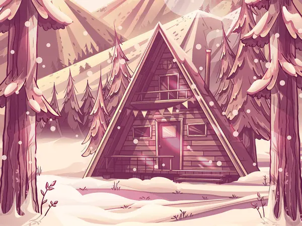 手工绘制100个矢量图像 卡通片上的水平冬季风景 森林里有一个三角形的被雪覆盖的木制房子 雪堆中舒适的木制小屋 带露营房的自然景观矢量图 图库插图