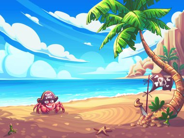 Elle çizilmiş 100 vektör resmi. Dijital çizim. Korsan şapkalı komik yengeçli karikatür deniz manzarası. Doğal manzaranın vektör çizimi. Kıyıda kahkaha yengeci, palmiye ağacı, rom şişesi ve deniz yıldızı var..