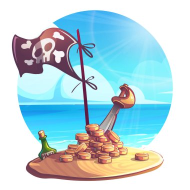 Elle çizilmiş 100 vektör resmi. Dijital çizim. Altın sikkeler, rom şişesi, korsan bayrağı içinde vektör rengi illüstrasyon kılıcı. Doğal manzaranın vektör illüstrasyonu. 