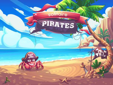 Elle çizilmiş 100 vektör resmi. Dijital çizim. Solitaire Pirates - ana pencere arkaplanı. Korsan şapkalı komik yengeçli karikatür deniz manzarası. Kıyıda kahkaha yengeci, palmiye ağacı, rom şişesi ve deniz yıldızı var..