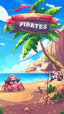 Elle çizilmiş 100 vektör resmi. Dijital çizim. Solitaire Korsanları - dikey pencere arkaplanı. Korsan şapkalı komik yengeçli karikatür deniz manzarası. Kıyıda kahkaha yengeci, palmiye ağacı, rom şişesi ve deniz yıldızı var..