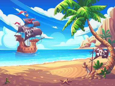 Elle çizilmiş 100 vektör resmi. Dijital çizim. Korsan gemisiyle karikatür sahili. Doğal manzaranın vektör çizimi. Kıyıda palmiye, rom şişesi ve deniz yıldızı var..