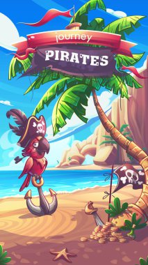 Elle çizilmiş 100 vektör resmi. Dijital çizim. Karikatür akıllı telefon formatında korsan şapkası takmış papağan. Doğal manzaranın vektör çizimi. Kıyıda papağan korsanı, palmiye ağacı, rom şişesi ve deniz yıldızı var..