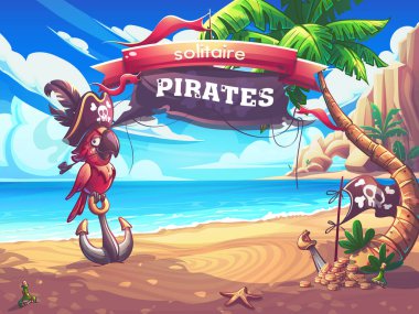 Elle çizilmiş 100 vektör resmi. Dijital çizim. Solitaire Pirates - ana pencere arkaplanı. Gagasında tüten piposu olan korsan şapkalı bir papağan demiri olan karikatür deniz manzarası. Doğal manzaranın vektör illüstrasyonu.