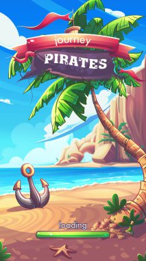 Elle çizilmiş 100 vektör resmi. Dijital çizim. Seyahat korsanları - çizgi film akıllı telefon formatı sunuculu ekran yüklüyor. Doğal manzaranın vektör çizimi. Kıyıda anhcor, palmiye ağacı, rom şişesi ve deniz yıldızı..