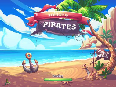 Elle çizilmiş 100 vektör resmi. Dijital çizim. Gezgin korsanlar - çapalı karikatür yükleme ekranı. Doğal manzaranın vektör çizimi. Kıyıda çapa, palmiye ağacı, rom şişesi ve deniz yıldızı..