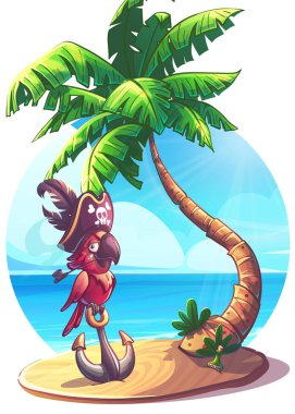 Elle çizilmiş 100 vektör resmi. Dijital çizim. Palmiye ağacının yanındaki gagasında tüten piposu olan korsan şapkalı bir papağan. Doğal manzaranın vektör çizimi. Kıyıda papağan korsanı, palmiye ağacı, rom şişesi ve deniz yıldızı var..