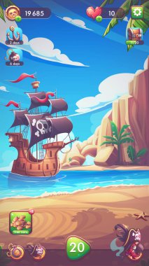 Elle çizilmiş 100 vektör resmi. Dijital çizim. Korsanlar 'ın gemisiyle taşlı gölde akıllı telefon formatı oynuyorum. Doğal manzaranın vektör illüstrasyonu.