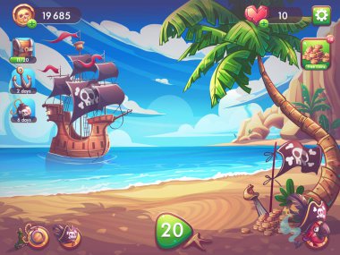 Elle çizilmiş 100 vektör resmi. Dijital çizim. Sahilde kaya ve palmiye ağaçları olan lagündeki Korsanlar gemisiyle sahada oynamak doğal manzaranın vektör çizimi..