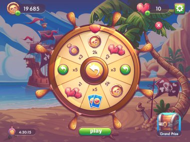 Elle çizilmiş 100 vektör resmi. Dijital çizim. Hazine koleksiyonu - rulet, çarkıfelek ayarları, büyük ödül, yaşamların sayısı, sahil, okyanus, palmiye ağacı, dağ, deniz yıldızı okyanus kıyısının arka planında