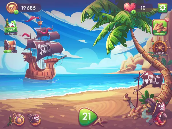 Elle çizilmiş 100 vektör resmi. Dijital çizim. Sahilde kaya ve palmiye ağaçlarıyla gölde korsanlarla oyun oynamak doğal manzaranın vektör çizimi..