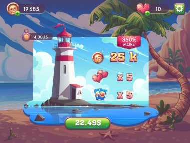 Elle çizilmiş 100 vektör resmi. Dijital çizim. Hazine koleksiyonu - deniz feneri düzeyi pencereleri, ayarlar, yaşamların sayısı, sahil, okyanus, palmiye ağacı, okyanus kıyısının arka planında deniz yıldızı