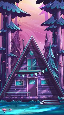 Elle çizilmiş 100 vektör resmi. Çizgi film dikey kış manzarası. Ormanda karla kaplı ahşap bir ev. Kar yığınlarının arasındaki rahat ahşap kulübe. Kamp evi olan doğal manzaraların vektör çizimi.