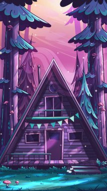 Elle çizilmiş 100 vektör resmi. Çizgi film dikey kış manzarası. Ormanda karla kaplı ahşap bir ev. Kar yığınlarının arasındaki rahat ahşap kulübe. Kamp evi olan doğal manzaraların vektör çizimi.