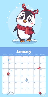 January calendar planner featuring a cute baby penguin in a red scarf and a set of toy reindeer antlers, surrounded by snowflakes in a cheerful winter theme. Vector illustration. clipart