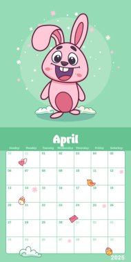 Nisan takvim planlayıcısı Paskalya bahar temalı bulutlu bir platformda duran sevimli bir tavşanı sunuyor. Vektör illüstrasyonu.