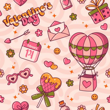 Valentine day texture featuring gift boxes, hot air balloon, arrows, roses, love letter and a love potion on pink background. Groovy vintage style. clipart