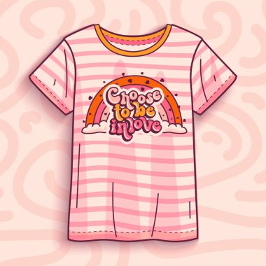 Sevgililer Günü tişörtü pembe desenli bir arka planda aşk baskısında olmayı seçiyor. Vektör illüstrasyonu