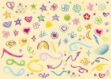 Gökkuşağı, kalp, ok ve baloncuklu çocuk tarafından çizilmiş renkli renkli resimlerin oyuncu bir koleksiyonu..