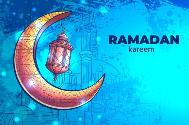 Sanatsal hilal ve fener illüstrasyonları Ramazan ayını canlı mavi arka planda kutluyor.