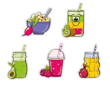 Canlı meyve sularından oluşan eğlenceli bir koleksiyon ve taze malzemelerle dolu bir meyve suyu kasesi. Vektör illüstrasyonu