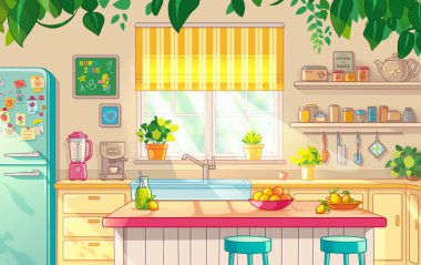 Renkli bir mutfak. Bitkiler, meyveler ve güneş ışığıyla canlı bir manzarası var. Vektör illüstrasyonu