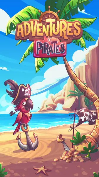 Tropikal manzaralı ve hazineli bir korsan papağanı gösteren renkli bir ekran. Vektör illüstrasyonu