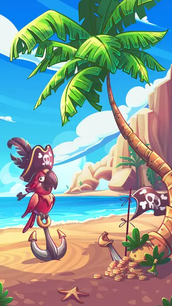 Tropikal manzaralı ve hazineli bir korsan papağanı gösteren renkli bir ekran. Vektör illüstrasyonu