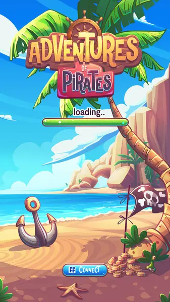 Korsanların Maceraları oyunu için renkli bir ekran, sunuculu bir ada sahnesi. Vektör illüstrasyonu