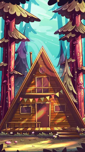 Bunting bayrakları ve uzun çam ağaçları olan canlı bir orman kulübesi çizimi. Vektör illüstrasyonu