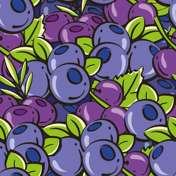 Colorful seamless texture featuring blueberries, acai, and black currant with leaves. Vector illustration