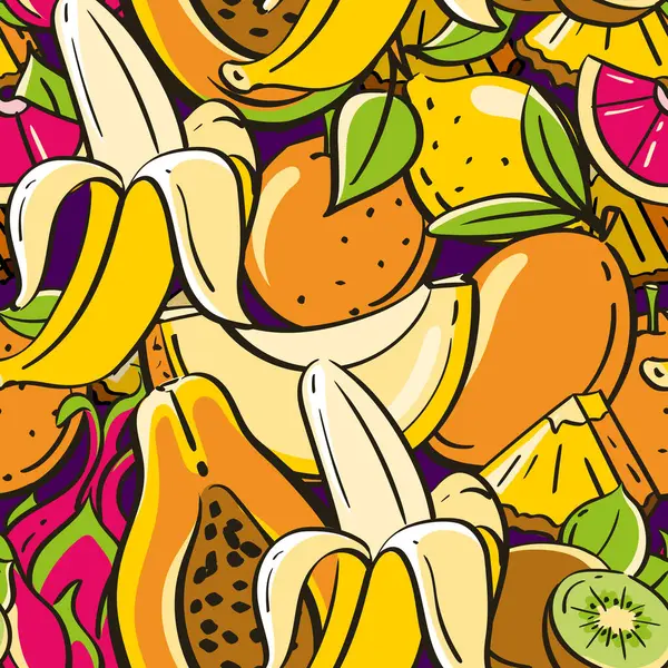 Mango, muz, kivi ve daha çok tropikal meyve içeren renksiz dokular. Vektör illüstrasyonu