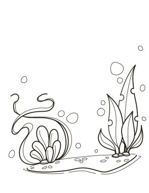 Su bitkileri ve baloncukların yer aldığı minimalist tasvirler su altında sakin bir ortam yaratıyor. Arka planlar, posterler ya da su temalı tasarımlar için ideal. Vektör illüstrasyonu