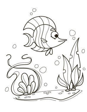Su bitkileri ve kayalarla kabarcıklar içinde yüzen bir melek balığının garip bir tasviri. Boyama kitapları ya da deniz yaşamı hakkında eğitici materyaller için idealdir. Vektör illüstrasyonu