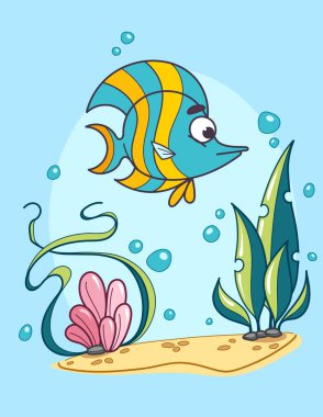 Canlı deniz bitkileri ve kabarcıklarla çevrili berrak suda yüzen renkli bir melek balığının garip bir çizimi. Çocuk temaları için mükemmel neşeli bir sualtı sahnesi. Vektör illüstrasyonu