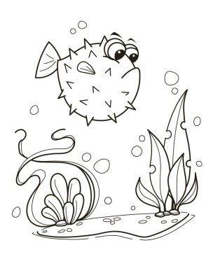 Sualtı bitkileri ve kabarcıkları arasında yüzen oyuncu bir kirpi balığı karakteri. Resim, renkli ve deniz temalı sanat projeleri için mükemmel bir siyah-beyaz taslak tarzını içeriyor. Vektör illüstrasyonu