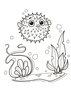 Su bitkileri ve baloncuklarla çevrili bir kirpi balığının büyüleyici bir çizgisi. Renklendirme faaliyetleri için mükemmel bir sualtı sahnesini tasvir ediyor. Vektör illüstrasyonu