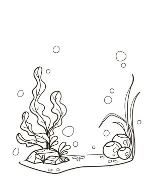 Su altı bitkilerinin, kayaların ve baloncukların olduğu basit bir sualtı sahnesinin çizimi. Suyun altında sakin ve sakin bir atmosfer sağlamak için arka plan ya da su temalı tasarımlar için idealdir. Vektör illüstrasyonu