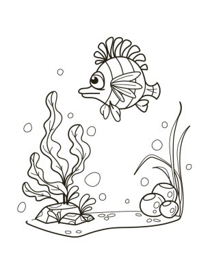 Su bitkileri ve baloncuklar arasında yüzen bir aslan balığının oyuncu tasviri. Renklendirme faaliyetleri için idealdir, bu tasarım siyah beyaz sualtı sahnelerini yakalar. Vektör illüstrasyonu