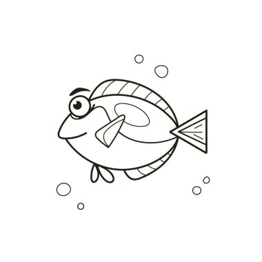 Çizgi sanatı, siyah beyaz karikatür mavi tang balığı karakteri, büyük gözleri ve kabarcıklarla çevrili neşeli bir ifadesi var. Çocuk çizimleri, eğitim materyalleri ya da eğlenceli tasarımlar için mükemmel. Vektör illüstrasyonu