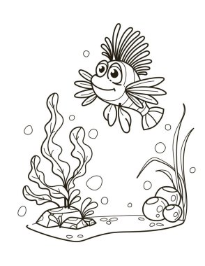 Su bitkileri ve baloncuklar arasında yüzen büyük gözlü boyama kitabı bir aslan balığı. Siyah ve beyaz resimde kayalar ve çeşitli bitki yaşamları yer alıyor, eğlenceli ve ilgi çekici bir sualtı sahnesi yaratıyor. Vektör illüstrasyonu